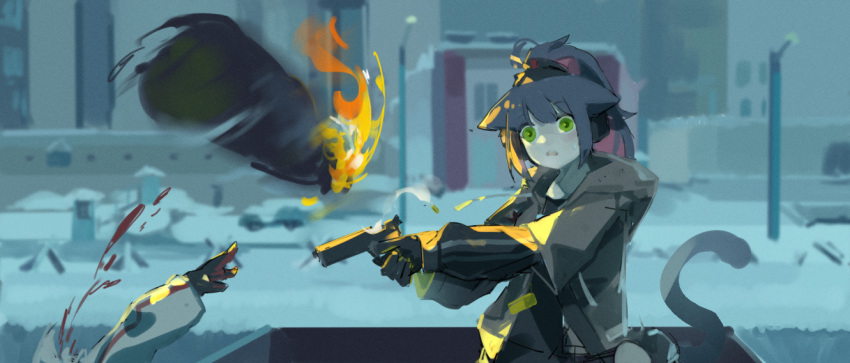 1girl 1other animal_ears arknights black_gloves black_shirt blood blue_hair bottle brown_jacket cat_ears cat_girl cat_tail colored_inner_hair commentary fire gloves gun headset holding holding_gun holding_weapon jacket jessica_(arknights) molotov_cocktail multicolored_hair open_clothes open_jacket open_mouth out_of_frame outdoors pink_hair ponytail shell_casing shinnasuka025 shirt smoke smoking_gun sweat tail throwing upper_body weapon