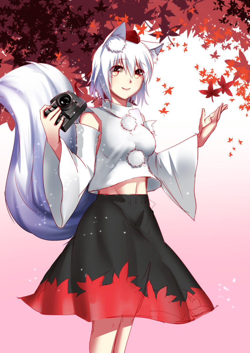 1girl absurdres animal_ears autumn_leaves black_skirt breasts camera closed_mouth cowboy_shot detached_sleeves groin hat highres inubashiri_momiji long_sleeves medium_breasts navel pom_pom_(clothes) qifenling_liumiao red_eyes shirt short_hair skirt sleeveless sleeveless_shirt smile solo standing tail tokin_hat touhou white_hair wide_sleeves wolf_ears wolf_tail