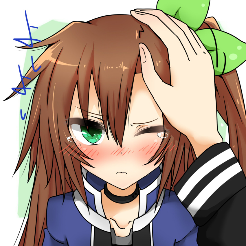 1girl blush brown_hair choujigen_game_neptune green_eyes hair_ornament hand_on_another's_face hand_on_head highres if_(choujigen_game_neptune) long_hair looking_at_viewer neptune_(series) one_eye_closed ribbon shika_tsui solo tears