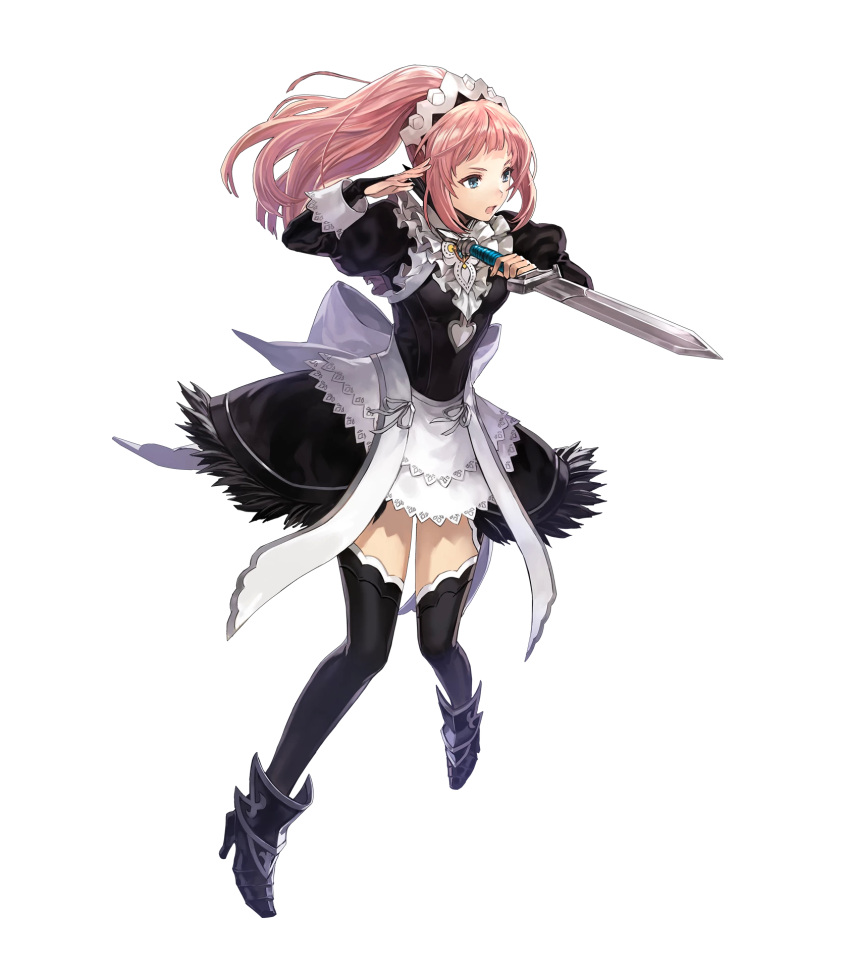 1girl ankle_boots blue_eyes boots dagger detached_sleeves felicia_(fire_emblem_if) fire_emblem fire_emblem_heroes fire_emblem_if full_body gem hakou_(barasensou) high_heels highres holding holding_weapon juliet_sleeves long_hair long_sleeves maid maid_headdress official_art open_mouth pink_hair ponytail puffy_sleeves ribbon smile solo thigh-highs transparent_background weapon zettai_ryouiki
