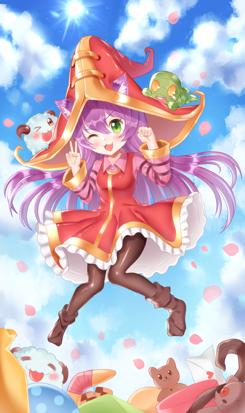 1girl :3 animal_ears blue_sky boomerang cat_ears clenched_hand clouds dress fang full_body green_eyes hat highres knees_together_feet_apart league_of_legends long_hair lulu_(league_of_legends) one_eye_closed open_mouth pantyhose pointy_shoes purple_hair red_dress shoes sky smile solo striped_sleeves stuffed_animal stuffed_toy sun teddy_bear ubi_(ekdus6080) v witch_hat