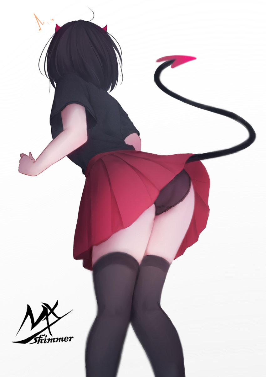 1girl artist_name ass black_hair black_legwear black_panties black_shirt demon_horns demon_tail feet_out_of_frame from_behind from_below highres horns original panties pleated_skirt red_horns red_skirt shimmer shirt short_hair short_sleeves simple_background skirt solo standing tail tail_raised thigh-highs underwear white_background