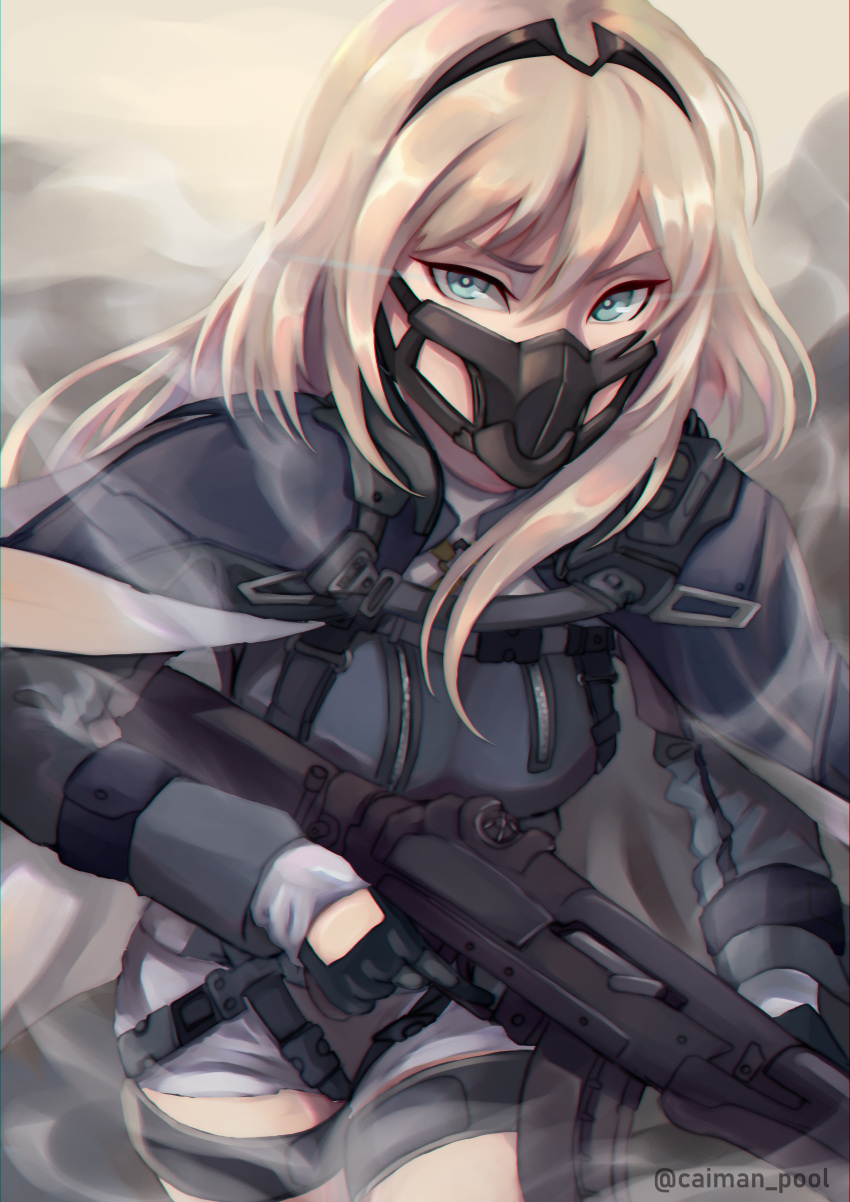 1girl absurdres an-94 an-94_(girls_frontline) assault_rifle bangs blonde_hair caiman-pool cape commentary face_mask finger_on_trigger framed_breasts girls_frontline gloves green_eyes gun highres holding holding_gun holding_weapon jacket long_hair long_sleeves looking_at_viewer mask rifle sidelocks solo trigger_discipline twitter_username weapon