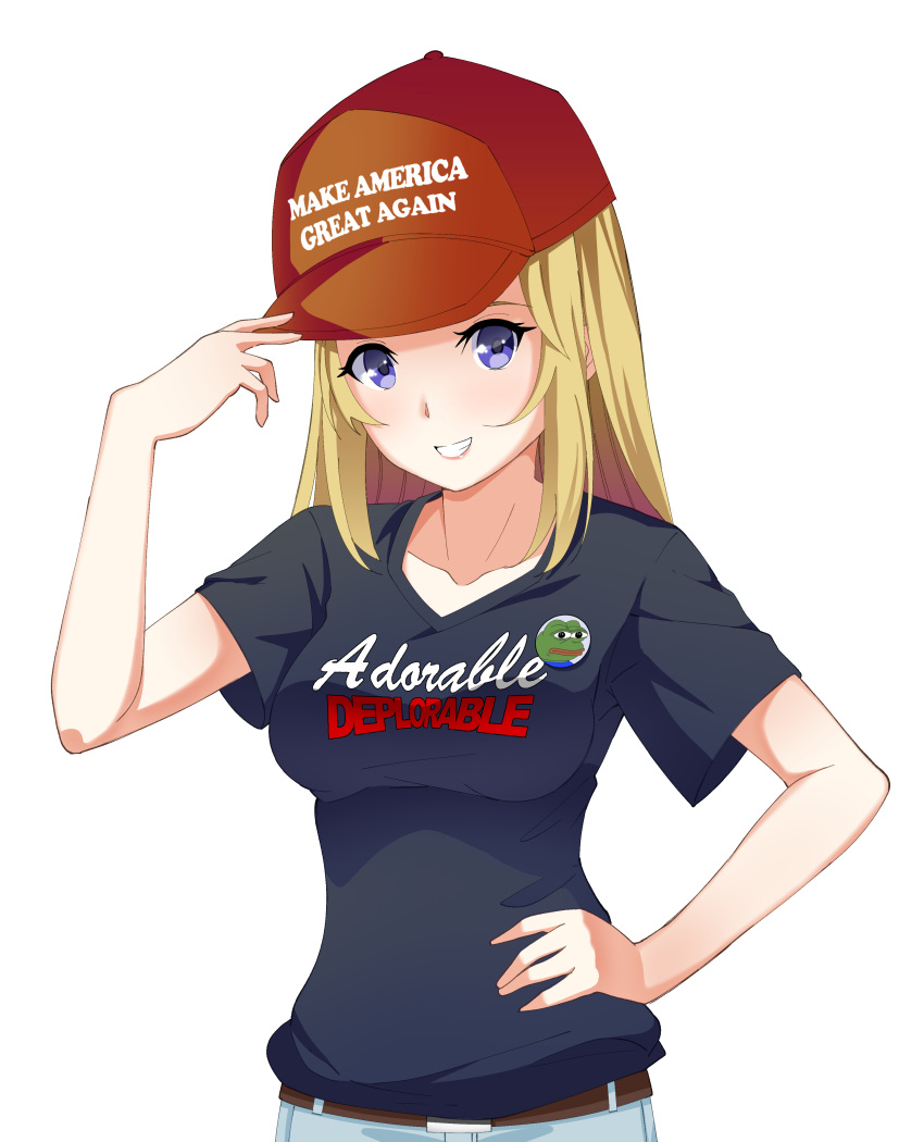 1girl :d \r\npepe_the_frog absurdres arm_up badge baseball_cap belt black_shirt blonde_hair blue_eyes breasts brown_belt button_badge clothes_writing collarbone cursive denim donald_trump english grin hand_on_headwear hand_on_hip hat headwear headwear_writing highres impossible_clothes impossible_shirt jeans long_hair looking_at_viewer make_america_great_again open_mouth original pants pepe_the_frog real_life red_hat rhyme shirt shirt_tucked_in short_sleeves sidelocks simple_background smile solo t-shirt trump_hat upper_body white_background