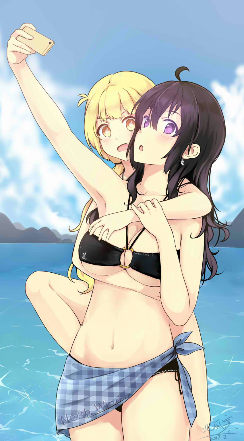 &gt;:o 2girls :o absurdres ahoge arm_at_side arm_up armpits bangs bare_arms bare_shoulders beifeng_han bikini black_bikini black_hair blonde_hair blue_sky blunt_bangs breasts bright_pupils cellphone cellphone_camera checkered cleavage clinging clothes_writing clouds collarbone cyou_shigen day earrings eyebrows_visible_through_hair glowing glowing_eyes hair_over_one_eye hand_on_another's_chest highres holding holding_phone jewelry large_breasts long_hair looking_at_viewer miyaura_sanshio multiple_girls navel o-ring_bikini open_mouth original outdoors phone sarong self_shot sky stomach swimsuit tareme under_boob violet_eyes wavy_hair yellow_eyes yuri