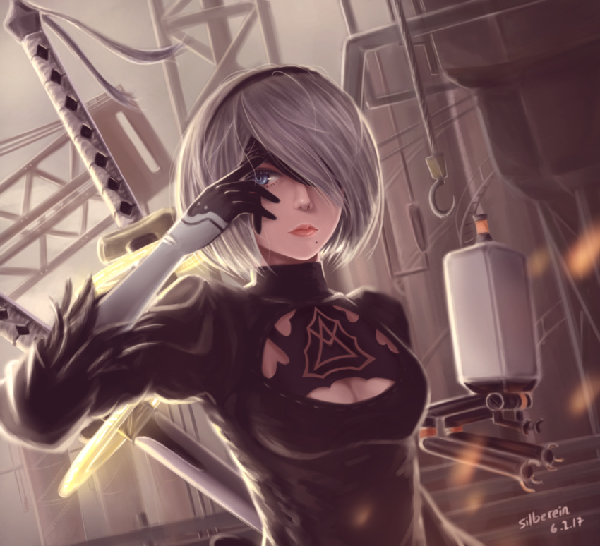 1girl 2017 artist_name black_dress black_gloves black_hairband blindfold blindfold_lift blue_eyes breasts cleavage cleavage_cutout closed_mouth crane dated dress drone eyelashes feather_trim floating gloves hairband hook juliet_sleeves katana lips long_sleeves machinery medium_breasts midair mole mole_under_mouth nier_(series) nier_automata nose one_eye_covered patrick_hambali pink_lips pod_(nier_automata) puffy_sleeves ribbed_dress robot short_dress short_hair silver_hair solo sword tassel turtleneck upper_body weapon weapon_on_back yorha_no._2_type_b