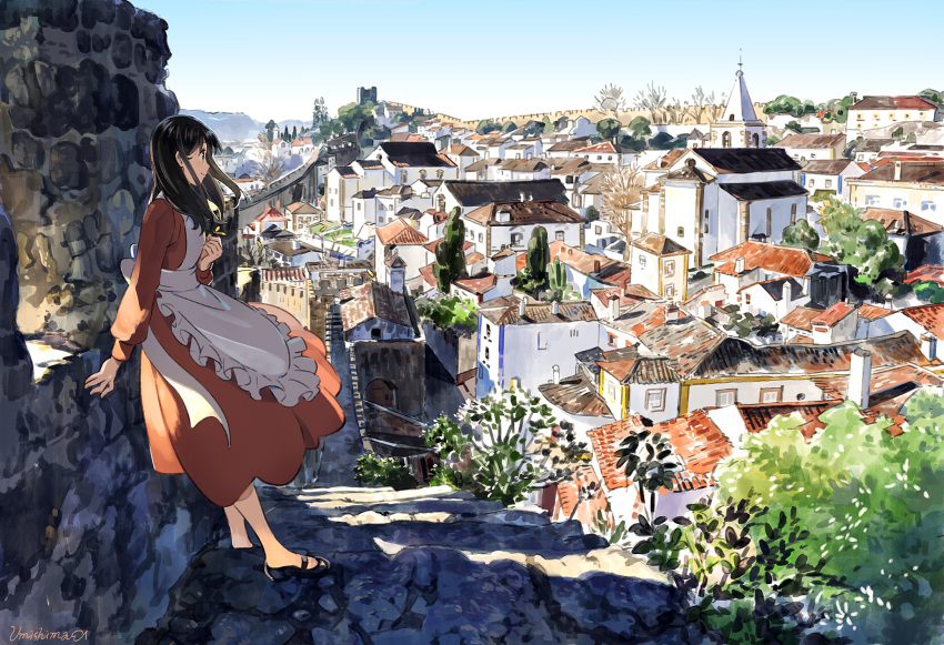 1girl apron black_hair blue_sky brown_eyes brown_hair building bush cityscape clear_sky day dress frills highres kaisen long_hair nature original outdoors portugal real_world_location scenery signature sky smile solo stone_wall sunlight tree wall