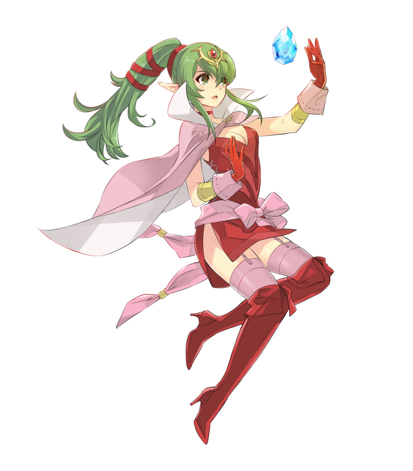 1girl boots breasts cape chiki cleavage collar dress eyebrows_visible_through_hair fire_emblem fire_emblem:_kakusei fire_emblem:_mystery_of_the_emblem fire_emblem_heroes full_body garter_straps gloves green_eyes green_hair hair_ornament highres itou_noiji jewelry long_hair official_art pink_legwear pointy_ears ponytail ribbon shoes short_dress sleeveless solo thigh-highs thigh_boots tiara transparent_background very_long_hair