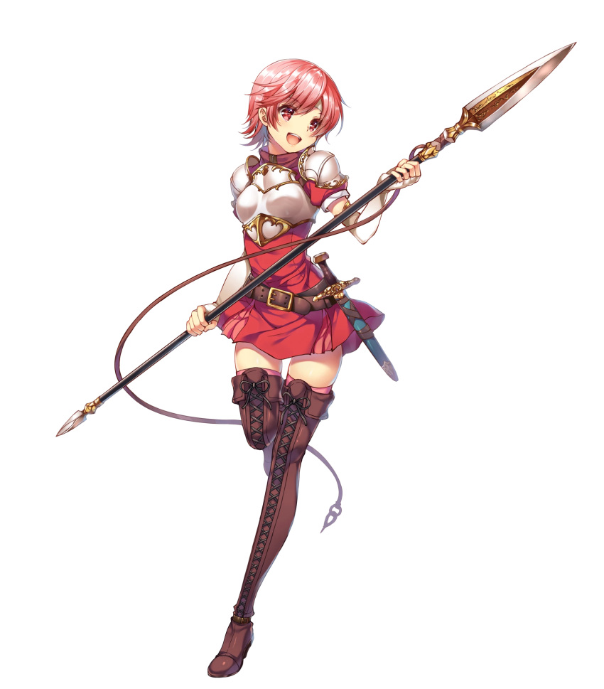1girl armor belt boots breastplate dress elbow_gloves est fingerless_gloves fire_emblem fire_emblem:_mystery_of_the_emblem fire_emblem_heroes full_body gloves headband highres holding holding_weapon lance miwabe_sakura official_art open_mouth pink_hair pink_legwear polearm red_eyes short_dress short_hair shoulder_pads smile solo sword thigh-highs thigh_boots transparent_background weapon zettai_ryouiki