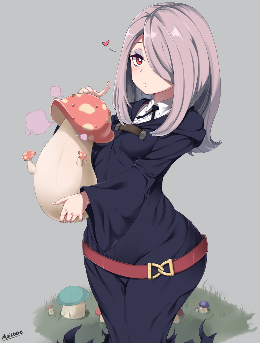 1girl absurdres breasts grey_background hair_over_one_eye heart highres little_witch_academia moisture_(chichi) mushroom red_eyes simple_background small_breasts solo sucy_manbavaran thighs wide_hips