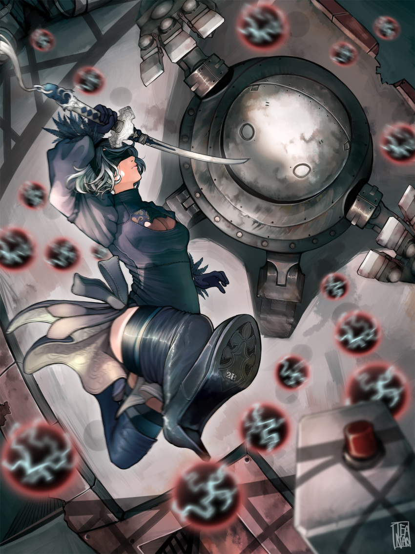 1girl artist_name black_boots black_dress black_gloves black_hairband black_legwear black_ribbon blindfold boots breasts character_name cleavage cleavage_cutout closed_mouth covered_eyes dress drone dutch_angle energy_ball feather_trim floating from_above full_body gloves hairband highres holding holding_sword holding_weapon juliet_sleeves legs_apart long_sleeves machinery medium_breasts midair nier_(series) nier_automata nose pod_(nier_automata) puffy_sleeves ribbed_dress ribbon robot short_dress short_hair side_slit silver_hair solo sword tassel teanao thigh-highs thigh_boots turtleneck weapon yorha_no._2_type_b