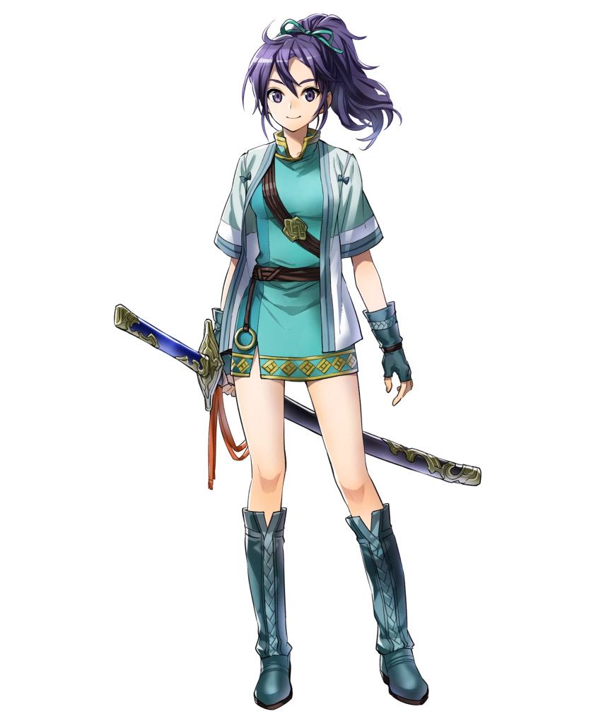 1girl blue_hair boots dress fingerless_gloves fir fire_emblem fire_emblem:_fuuin_no_tsurugi fire_emblem_heroes full_body gloves hair_ribbon hair_tie highres holding holding_weapon knee_boots looking_at_viewer ponytail ribbon short_dress short_sleeves smile solo standing sword violet_eyes weapon