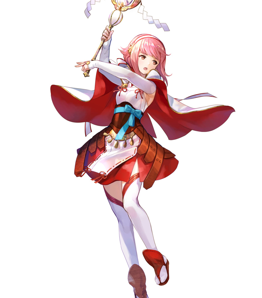 1girl capelet eyebrows_visible_through_hair fire_emblem fire_emblem_heroes fire_emblem_if fuji_choko full_body hairband highres holding japanese_clothes official_art open_mouth pink_hair red_eyes sakura_(fire_emblem_if) sandals short_hair solo staff thigh-highs transparent_background zettai_ryouiki