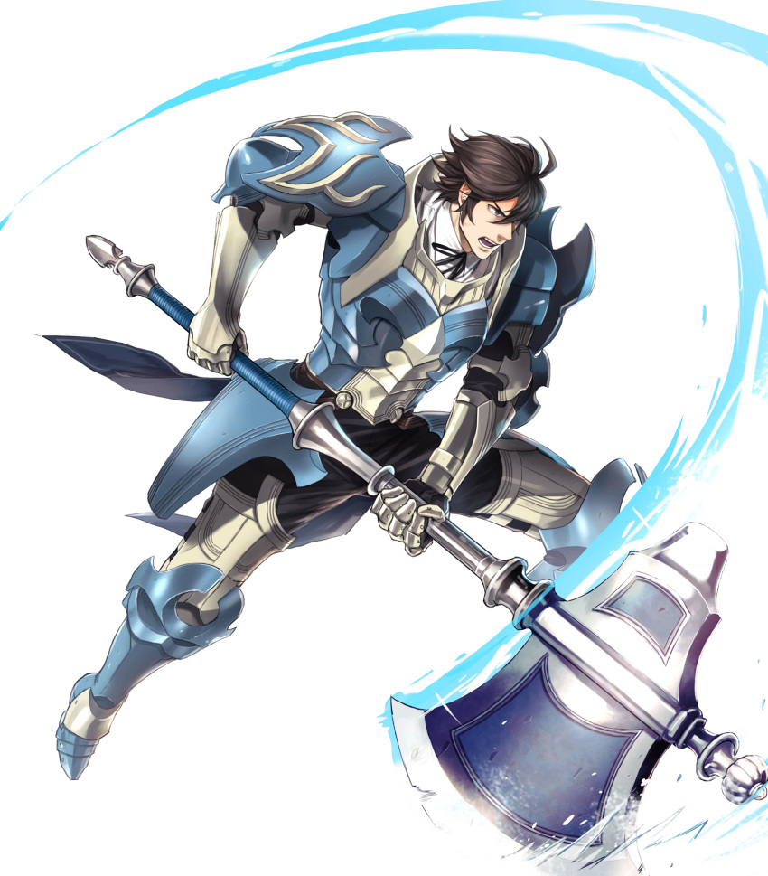 1boy armor attack axe black_pants blue_armor blue_eyes brown_hair coattails energy fire_emblem fire_emblem:_kakusei fire_emblem_heroes frederik_(fire_emblem) full_body gauntlets glowing greaves highres holding_axe male_focus official_art open_mouth pants serious shiny shiny_clothes short_hair shoulder_armor solo suekane_kumiko teeth transparent_background undershirt weapon