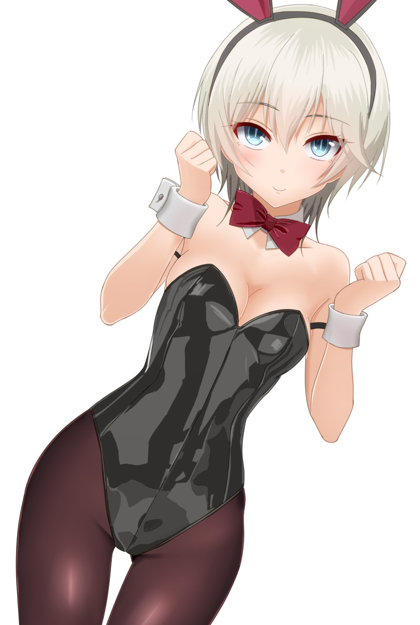 1girl anastasia_(idolmaster) animal_ears black_legwear black_leotard blue_eyes bow bowtie breasts bunnysuit clenched_hands cowboy_shot detached_collar dutch_angle facing_viewer gluteal_fold highres idolmaster idolmaster_cinderella_girls leotard looking_at_viewer medium_breasts pantyhose rabbit_ears shiny shiny_clothes short_hair silver_hair simple_background smile solo strapless strapless_leotard takahirokun thigh_gap white_background wrist_cuffs