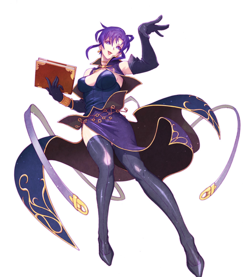 1girl bare_shoulders book bracelet breasts capelet cleavage dress earrings elbow_gloves fire_emblem fire_emblem:_rekka_no_ken fire_emblem_heroes full_body gloves highres holding holding_book jewelry kotobuki_tsukasa large_breasts lips lipstick looking_at_viewer makeup official_art side_slit smile solo thigh-highs transparent_background ursula_(fire_emblem)