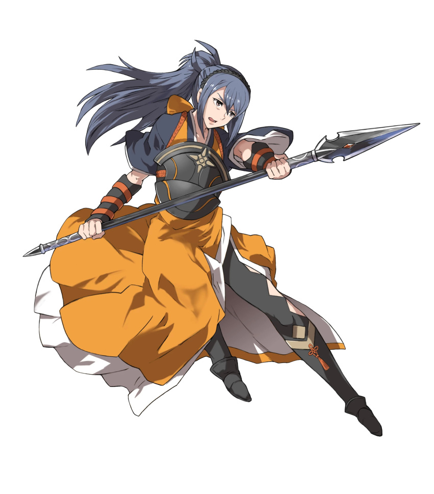 1girl blue_hair boots brown_eyes fire_emblem fire_emblem_heroes fire_emblem_if full_body hairband highres japanese_clothes long_hair oboro_(fire_emblem_if) official_art open_mouth polearm ponytail solo spear transparent_background ueda_yumehito weapon