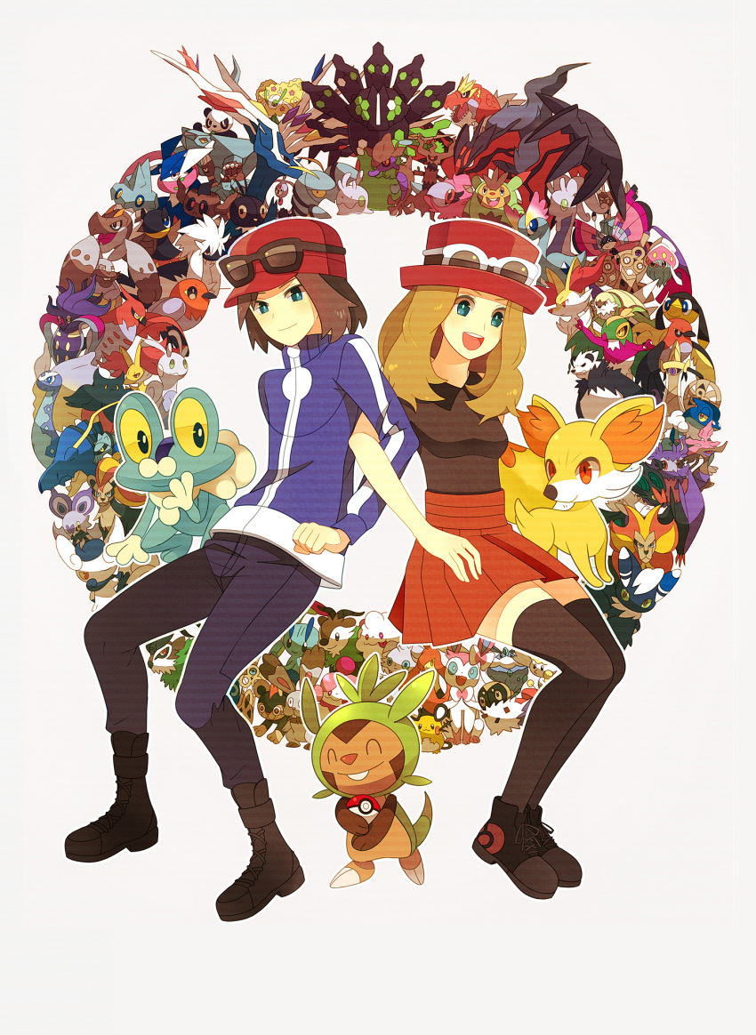 1boy 1girl absolutely_everyone aegislash amaura aromatisse aurorus avalugg barbaracle bergmite binacle black-framed_eyewear black_boots black_hair black_shirt black_shoes black_thighhighs blonde_hair blue_eyes blue_jacket boots braixen bunnelby calem_(pokemon) carbink chesnaught chespin clauncher clawitzer closed_mouth commentary_request dedenne delphox diggersby doublade dragalge espurr everyone eyewear_on_headwear fennekin flabebe flabebe_(red_flower) fletchinder fletchling floette floette_(red_flower) florges florges_(yellow_flower) froakie frogadier furfrou gogoat goodra goomy gourgeist greninja hat hawlucha heliolisk helioptile highres himari_g_(sr) honedge inkay jacket klefki litleo locked_arms long_hair long_sleeves malamar meowstic meowstic_(female) meowstic_(male) noibat noivern open_mouth pancham pangoro pants phantump pokemon pokemon_(creature) pokemon_xy pumpkaboo pyroar pyroar_(female) pyroar_(male) quilladin red_hat red_skirt scatterbug serena_(pokemon) shirt shoes short_hair simple_background skiddo skirt skrelp sleeveless sleeveless_shirt sliggoo slurpuff smile spewpa spritzee starter_pokemon_trio sunglasses swirlix sylveon talonflame teeth thigh-highs trevenant tyrantrum tyrunt upper_teeth_only vivillon vivillon_(meadow) white-framed_eyewear white_background xerneas yveltal zygarde zygarde_(50)