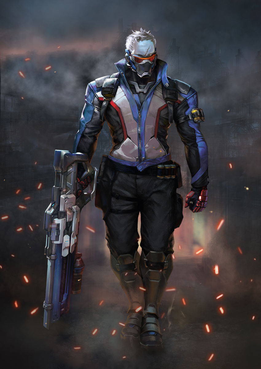 1boy armor armored_dress assault_rifle battle_rifle black_pants blue_jacket bodysuit boots clenched_hand covered_mouth energy_gun explosive face_mask finger_on_trigger full_body gloves greaves grenade gun highres holding holding_gun holding_weapon holster ing9 jacket knee_boots long_sleeves male_focus mask overwatch pants red_gloves ribbed_bodysuit rifle scar scar_across_eye shards short_hair shoulder_pads smoke soldier:_76_(overwatch) solo standing thigh_holster turtleneck visor walking weapon white_hair zipper