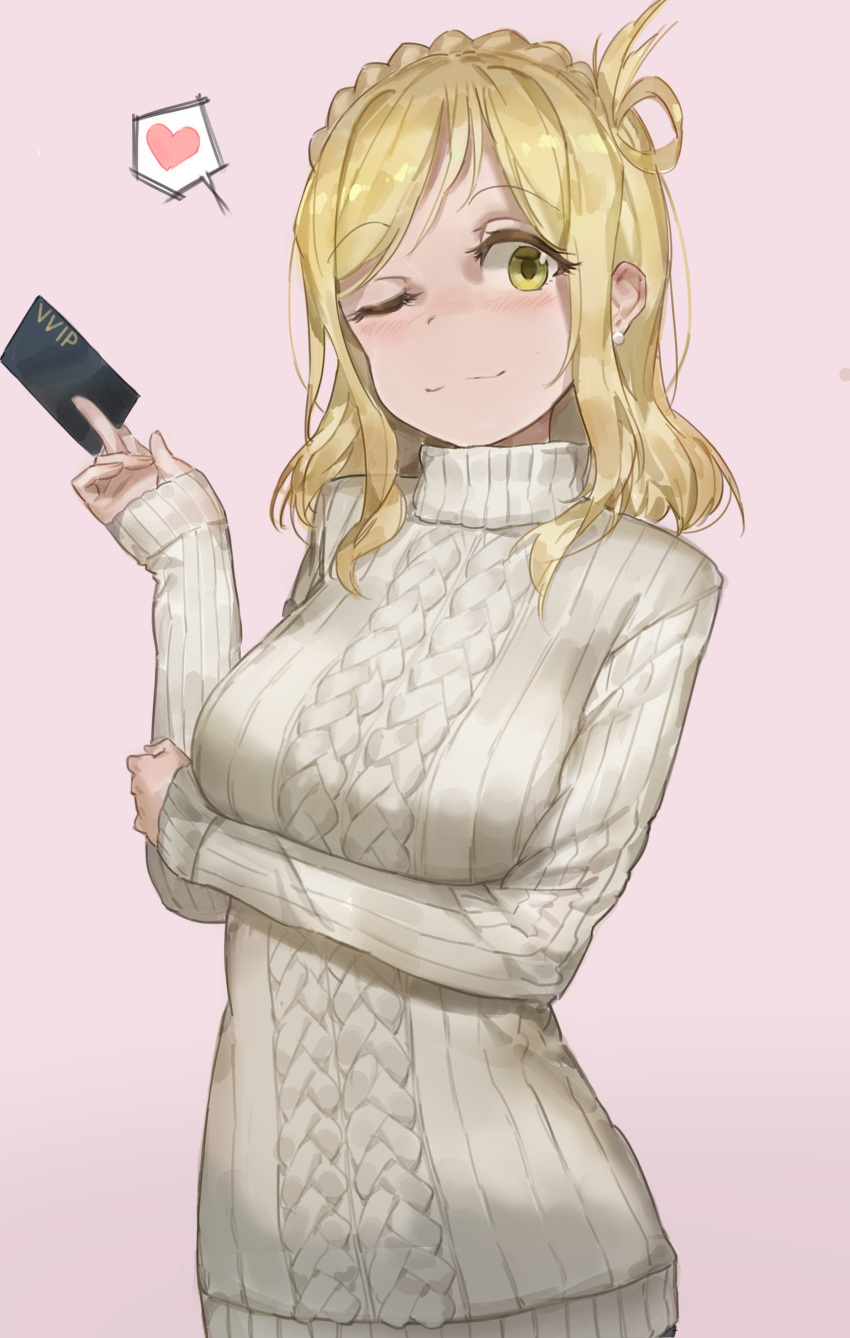 1girl =3 absurdres aran_sweater blonde_hair blush braid breast_hold breasts card commentary_request crown_braid hair_rings heart highres large_breasts long_sleeves looking_at_viewer love_live! love_live!_sunshine!! ohara_mari one_eye_closed ribbed_sweater smile solo spoken_heart sweater turtleneck turtleneck_sweater yellow_eyes yohan1754