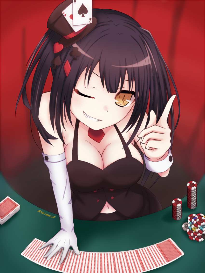 1girl black_hair breasts card clock_eyes clubs curtains date_a_live diamond_(shape) dress gloves hat heart highres long_hair mini_hat mismatched_gloves navel necktie one_eye_closed playing_card playing_games pointing pointing_up poker poker_chip poker_table solo spade symbol-shaped_pupils tokisaki_kurumi tokisakijp twintails twitter_username wrist_cuffs yellow_eyes