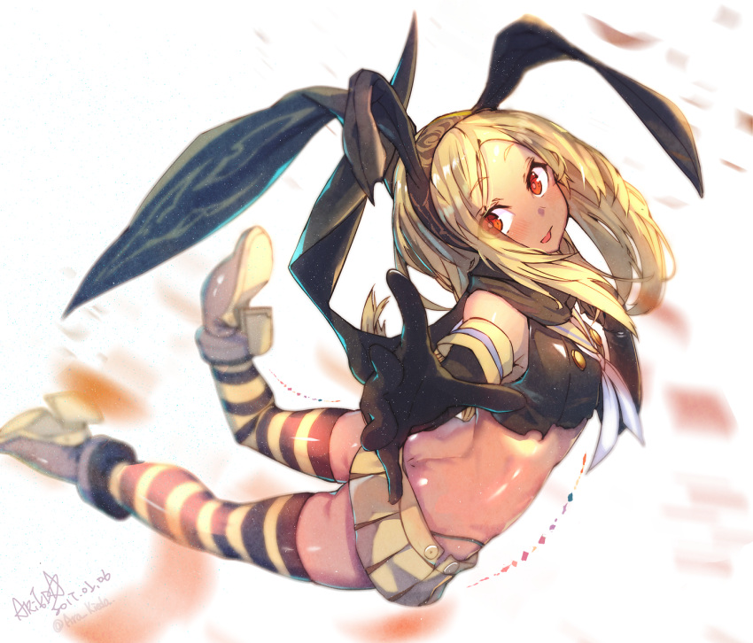 1girl 2017 adapted_costume akieda alternate_color alternate_hairstyle arched_back back bare_shoulders black_gloves black_hairband black_legwear black_panties black_ribbon black_scarf blonde_hair blurry blush commentary_request cosplay crop_top dated depth_of_field elbow_gloves eyebrows_visible_through_hair flat_chest from_side gloves gravity_daze grey_shoes hairband highleg highleg_panties jumping kantai_collection kitten_(gravity_daze) kitten_(gravity_daze)_(cosplay) long_hair looking_at_viewer microskirt midair midriff motion_blur outstretched_arm panties pleated_skirt red_eyes ribbon rudder_shoes scarf school_uniform serafuku shimakaze_(kantai_collection) shiny shiny_skin shirt shoe_soles shoes side_glance signature skirt sleeveless smile solo striped striped_legwear thigh-highs torn_clothes torn_shirt underwear white_background yellow_legwear yellow_skirt