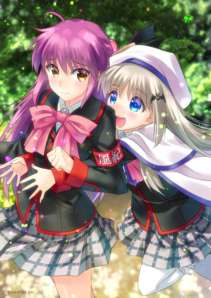 2girls armband blue_eyes bow brown_eyes cape cowboy_shot futaki_kanata grey_skirt hair_bobbles hair_ornament hat highres hug hug_from_behind large_buttons little_busters!! long_hair multiple_girls noumi_kudryavka pink_bow plaid plaid_skirt pleated_skirt purple_hair sato-pon school_uniform side_ponytail silver_hair skirt thigh-highs twitter_username white_cape white_hat white_legwear