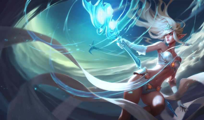 1girl blue_eyes bra breasts bustier elbow_gloves floating_hair gem gloves holding holding_weapon janna_windforce jason_chan league_of_legends lips long_hair magic medium_breasts navel nose official_art pointy_ears solo underwear weapon white_bra white_gloves white_hair wind