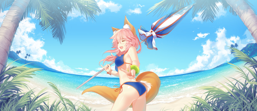 1girl animal_ears ass bikini blue_bikini blush breasts closed_eyes fate/extra fate/grand_order fate_(series) fox_ears fox_tail highres large_breasts long_hair looking_at_viewer looking_back nature ocean open_mouth pink_hair rimuu smile solo swimsuit tail tamamo_(fate)_(all) tamamo_no_mae_(swimsuit_lancer)_(fate) v yellow_eyes