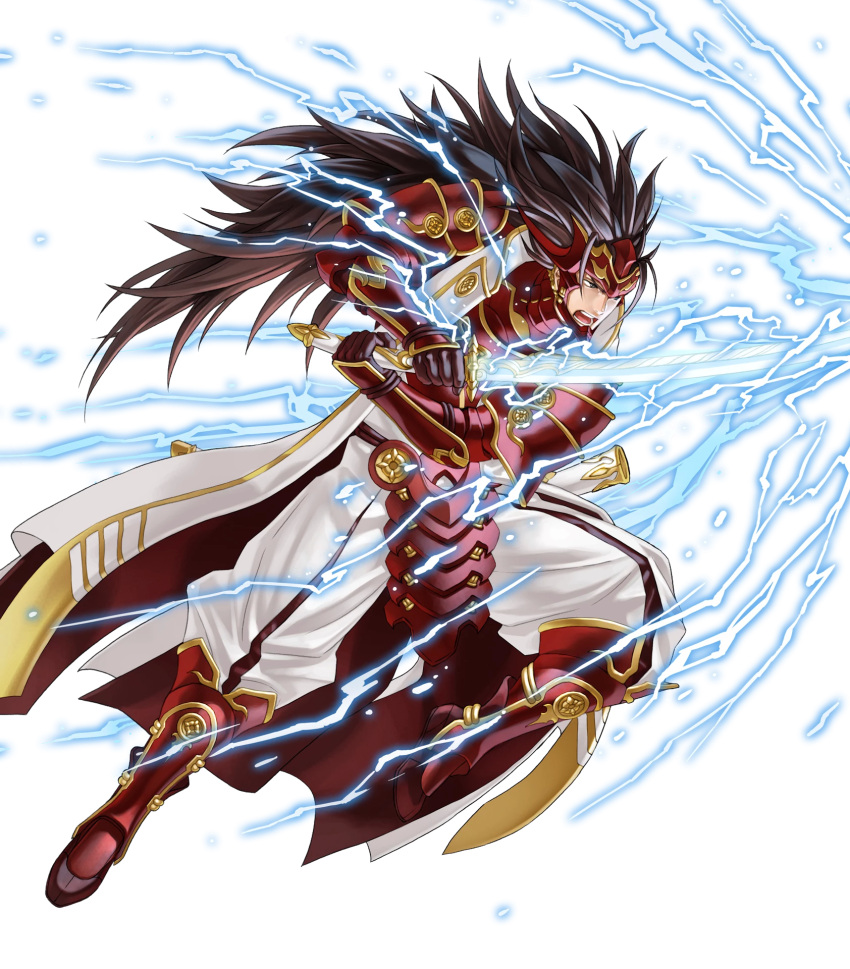 1boy armor armored_boots attack boots brown_hair coat electricity fire_emblem fire_emblem_heroes fire_emblem_if gauntlets grey_eyes highres holding holding_sword holding_weapon japanese_armor japanese_clothes katana kita_senri lightning long_coat long_hair male_focus mask open_mouth pants raijintou_(sword) red_armor red_boots ryouma_(fire_emblem_if) scabbard serious sheath solo spaulders spiky_hair sword teeth transparent_background very_long_hair weapon white_coat white_pants