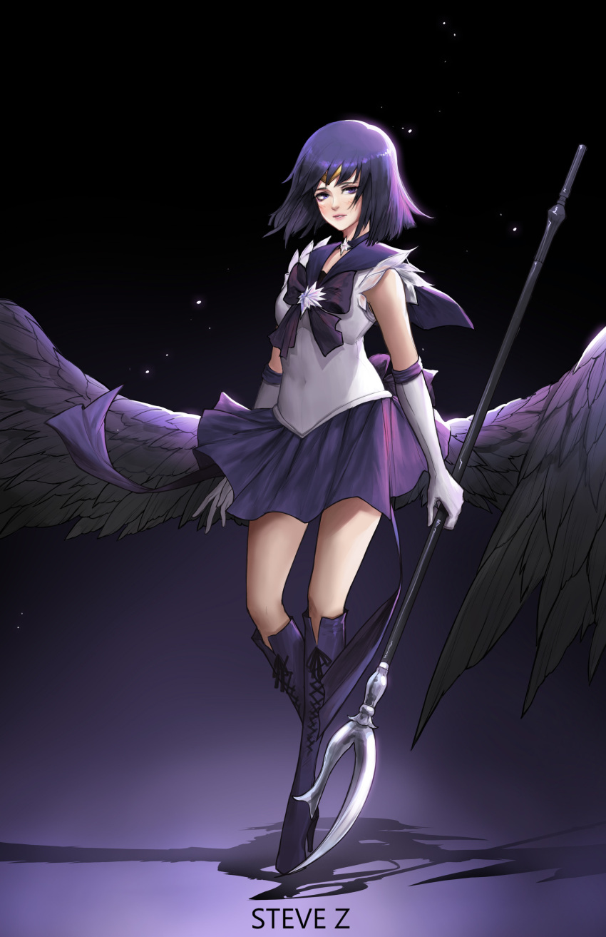 1girl absurdres artist_name bishoujo_senshi_sailor_moon black_wings boots bow brooch choker cross-laced_footwear elbow_gloves feathered_wings full_body gloves gradient gradient_background highres jewelry knee_boots lace-up_boots light_particles looking_at_viewer low_wings magical_girl parted_lips pink_lips pleated_skirt polearm purple_background purple_boots purple_bow purple_hair purple_skirt sailor_collar sailor_saturn shadow shirt short_hair silence_glaive skirt sleeveless sleeveless_shirt solo spear standing steve_zheng tiara tomoe_hotaru violet_eyes weapon white_gloves white_shirt wings