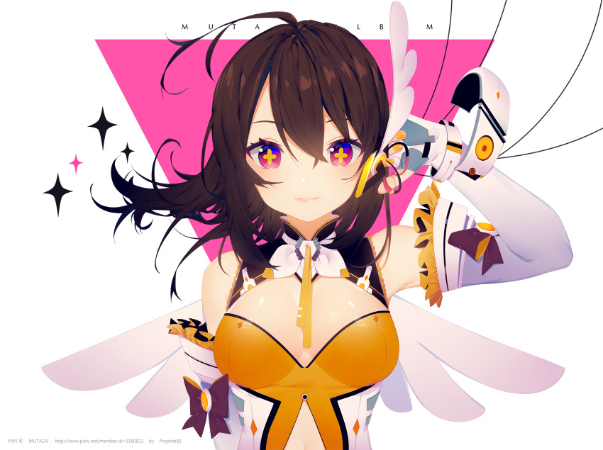+_+ 1girl ahoge artist_name bangs bare_shoulders between_breasts black_hair bow breasts brown_eyes cable character_name closed_mouth copyright_name elbow_gloves fingerless_gloves fingernails floating_hair frills gloves gradient_eyes hair_between_eyes hand_on_headphones hand_up head_wings headphones highres looking_at_viewer medium_breasts multicolored multicolored_eyes muta nail_polish prophet_chu ribbon sleeveless smile solo sparkle symbol-shaped_pupils underwear violet_eyes watermark web_address white_background white_wings wings yan_xi yellow_nails yellow_ribbon