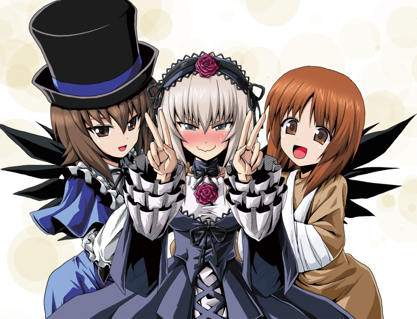 3girls animal_costume bandage bangs bear_costume black_dress black_hat black_wings blush boko_(girls_und_panzer) boko_(girls_und_panzer)_(cosplay) brown_eyes brown_hair closed_mouth cosplay double_v dress embarrassed girls_und_panzer grey_eyes hat headdress highres itsumi_erika kamishima_kanon long_hair long_sleeves looking_at_viewer multiple_girls nishizumi_maho nishizumi_miho open_mouth rozen_maiden seiyuu_connection short_hair siblings silver_hair simple_background sisters smile souseiseki souseiseki_(cosplay) standing suigintou suigintou_(cosplay) tanaka_rie tearing_up top_hat upper_body v wavy_mouth white_background wings
