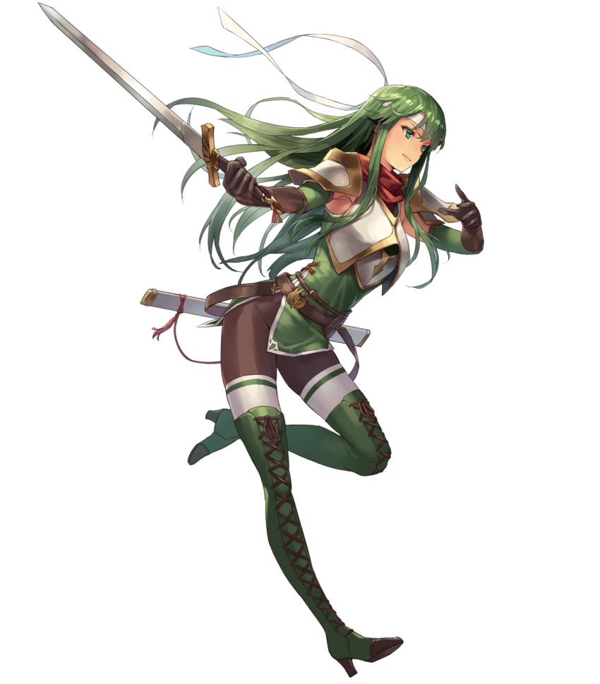 1girl armor belt boots breastplate cuboon dress elbow_gloves fire_emblem fire_emblem:_mystery_of_the_emblem fire_emblem_heroes full_body gloves green_eyes green_hair headband highres holding holding_weapon long_hair official_art pantyhose paola short_dress shoulder_pads solo sword thigh-highs thigh_boots transparent_background weapon