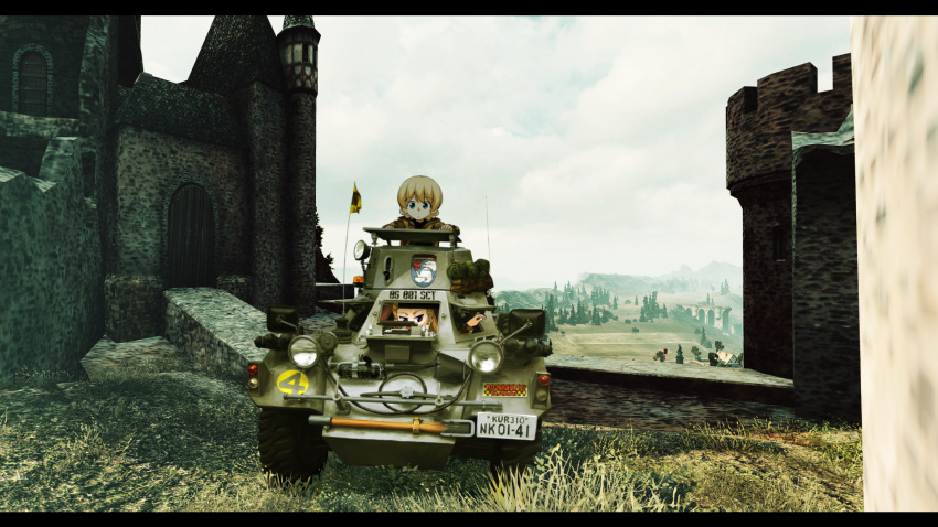 2girls assam bangs blonde_hair blue_eyes braid castle commentary darjeeling driving emblem ferret_scout_car game_cg girls_und_panzer highres multiple_girls outdoors r-ex short_hair st._gloriana's_(emblem) tied_hair twin_braids world_of_tanks