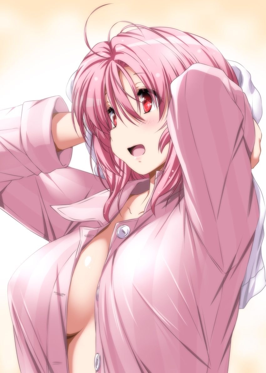 1girl blush breasts buttons commentary_request highres large_breasts long_sleeves no_bra nori_tamago open_mouth open_pajamas pajamas pink_hair red_eyes saigyouji_yuyuko sideboob simple_background smile solo touhou towel upper_body wing_collar