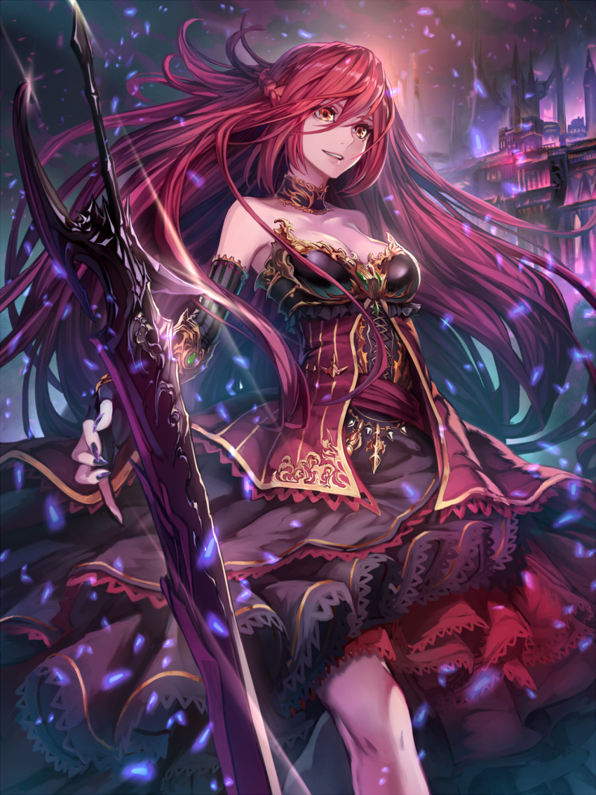 1girl bangs bare_shoulders breasts choker cleavage cowboy_shot dress elbow_gloves essual_(layer_world) fingerless_gloves gloves half_updo highres holding holding_sword holding_weapon layered_dress long_hair medium_breasts nail_polish original parted_lips red_dress redhead smile solo sword very_long_hair weapon yellow_eyes