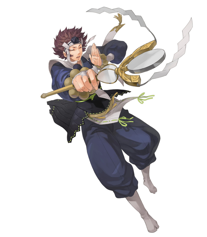 1boy asama_(fire_emblem_if) bracelet brown_hair closed_eyes fire_emblem fire_emblem_heroes fire_emblem_if full_body headband highres jewelry male_focus official_art okaya_mrh open_mouth socks solo staff teeth transparent_background