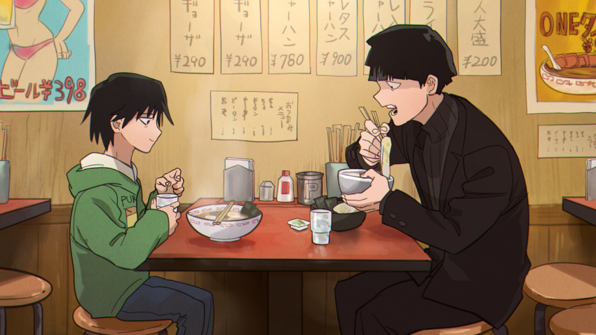 2boys age_switch black_hair bowl_cut chopsticks cup daijyuu drinking_glass eating food formal hood hoodie kageyama_shigeo looking_down male_focus mayonnaise mob_psycho_100 mogami_keiji multiple_boys napkin napkin_holder noodles older open_mouth poster_(object) ramen restaurant ribbed_sweater smile steam stool suit sweater table younger