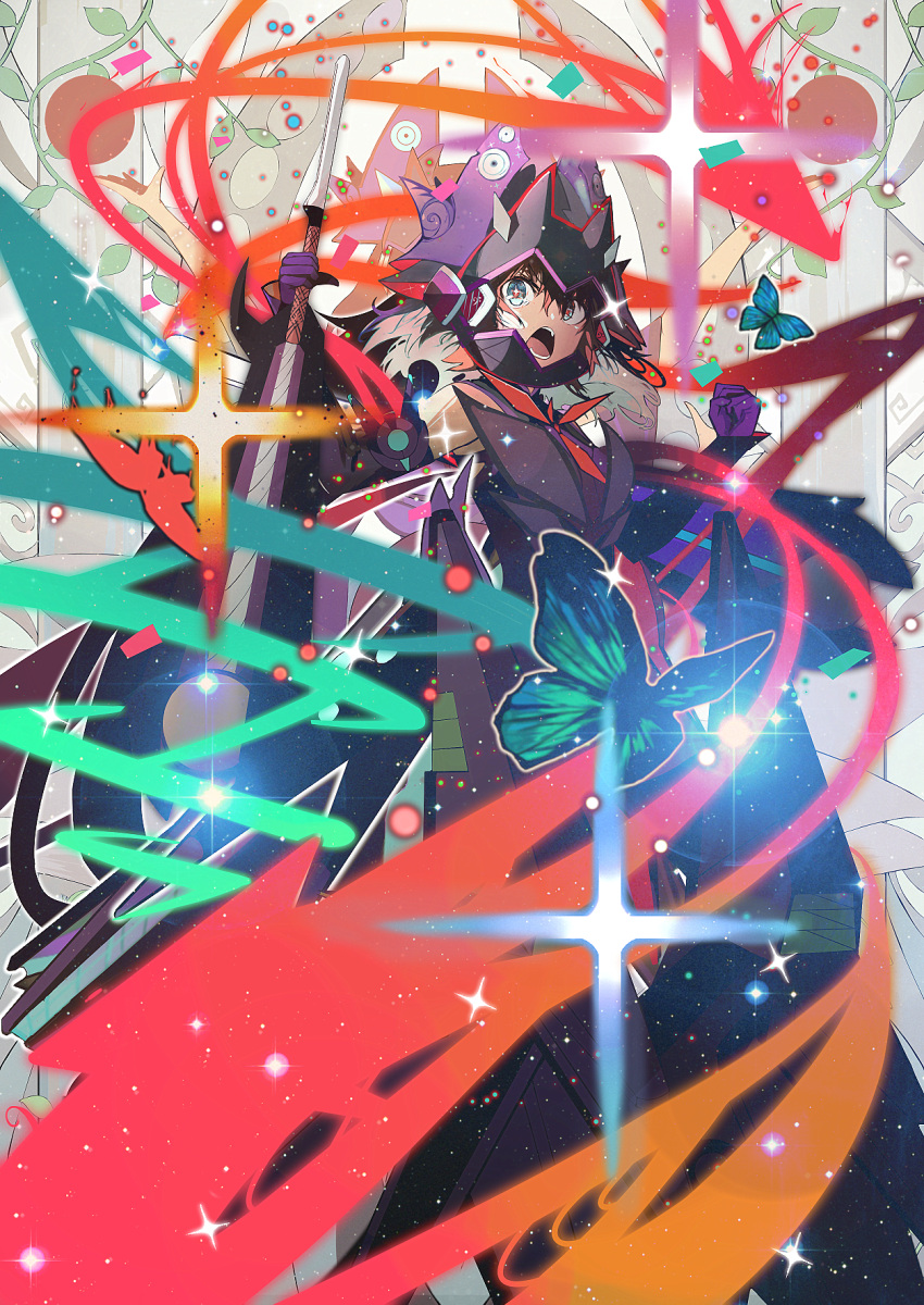 &gt;:o +_+ 1girl :o androgynous animal arm_guards armor bodysuit breastplate butterfly clenched_hand commentary_request full_armor gloves hair_between_eyes headgear helmet highres holding holding_staff holding_weapon ignite_module insect kohinata_miku looking_at_viewer machinery open_mouth otukimi outline plant purple_gloves senki_zesshou_symphogear serious short_hair solo sparkle spoilers staff star star-shaped_pupils symbol-shaped_pupils tears vines weapon what_if