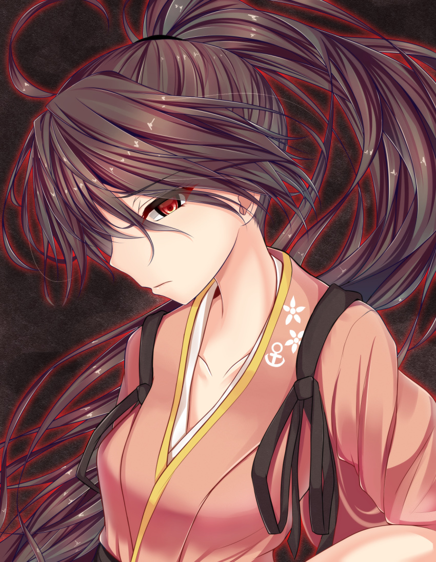1girl ahoge black_hair collarbone commentary_request eyebrows_visible_through_hair hakama highres houshou_(kantai_collection) japanese_clothes kantai_collection long_hair ponytail profile red_eyes sazamiso_rx solo tasuki upper_body