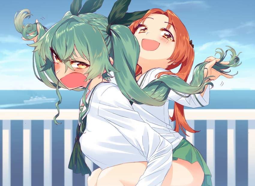 2girls alternate_costume anchovy anchovy_(girls_und_panzer) bangs black_ribbon blew_andwhite blouse brown_eyes brown_hair clouds cloudy_sky day drill_hair girls_und_panzer green_hair green_skirt hair_ribbon highres kadotani_anzu long_hair long_sleeves looking_at_viewer looking_back miniskirt multiple_girls neckerchief ocean open_mouth parted_bangs piggyback playing_with_another's_hair pleated_skirt red_eyes ribbon school_uniform serafuku skirt sky twin_drills twintails white_blouse
