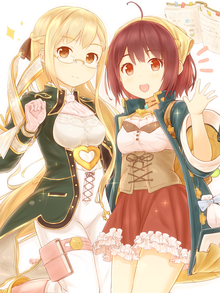 +++ 2girls :d absurdres ahoge atelier_(series) atelier_sophie blonde_hair blush book bookmark breasts brown_eyes brown_hair clenched_hand closed_mouth coat corset cowboy_shot eyebrows_visible_through_hair female frilled_skirt frills glasses glint gloves green_coat head_tilt heart highres holster leg_up long_hair long_sleeves medium_breasts monika_ellmenreich multiple_girls open_book open_clothes open_coat open_mouth pantyhose pouch red_skirt rimless_glasses simple_background skirt smile sophie_neuenmuller sparkle suzushiro_(gripen39) thigh_holster very_long_hair waving white_background white_legwear