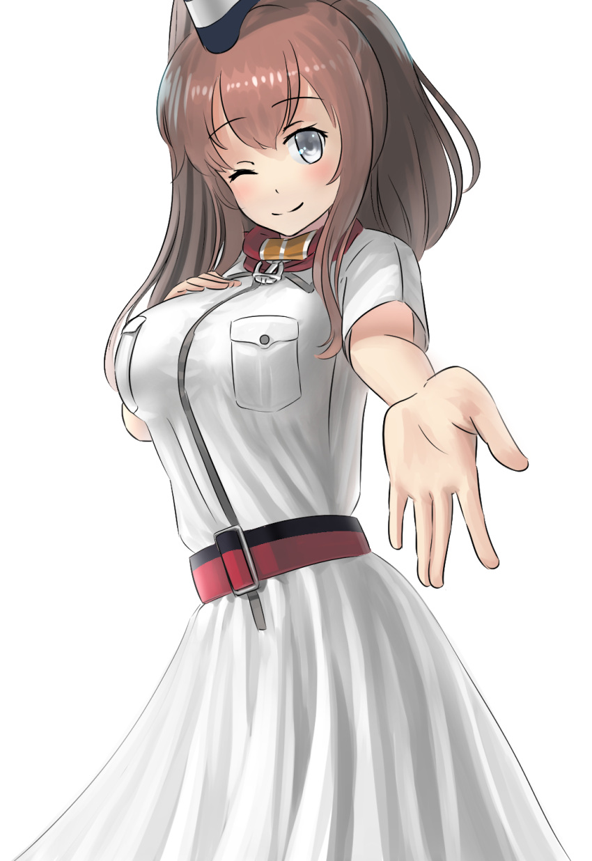1girl ao_iro ascot belt blush breast_pocket breasts brown_hair cowboy_shot dress foreshortening grey_eyes hair_between_eyes highres kantai_collection long_hair looking_at_viewer one_eye_closed outstretched_arm pocket ponytail reaching_out red_ascot saratoga_(kantai_collection) side_ponytail sidelocks smile solo standing white_dress