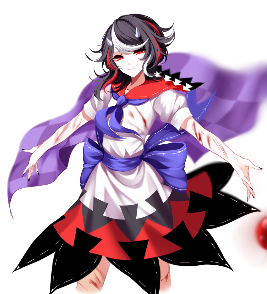 1girl absurdres arms_at_sides bangs black_hair blood blood_stain closed_mouth cowboy_shot cuts directional_arrow dress highres horns injury kijin_seija multicolored_hair neckerchief puffy_short_sleeves puffy_sleeves red_eyes redhead sash sheya short_sleeves smile solo streaked_hair touhou white_hair