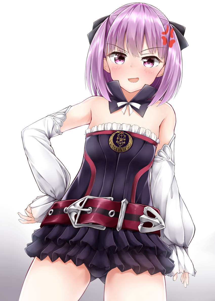 1girl absurdres anger_vein bare_shoulders belt black_legwear black_panties blush detached_sleeves fate/grand_order fate_(series) flat_chest from_below gradient gradient_background helena_blavatsky_(fate/grand_order) highres looking_at_viewer moyoron open_mouth panties purple_hair short_hair smile solo strapless thigh-highs tree_of_life underwear violet_eyes white_background