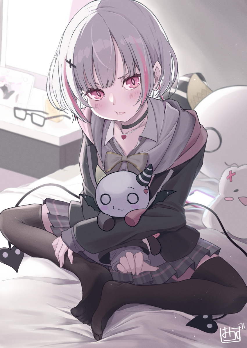 1girl absurdres asumi_sena black_choker black_thighhighs blush cattleya_regina_games choker collared_shirt demon_tail full_body grey_hair hair_ornament heart_pendant highres jacket jewelry knees_apart_feet_together long_sleeves looking_at_viewer multicolored_hair multiple_tails mussan necklace on_bed pink_eyes pink_hair pleated_skirt pout school_uniform shirt short_hair sitting skirt slit_pupils solo streaked_hair tail thigh-highs twintails two_tails unworn_eyewear virtual_youtuber vspo!