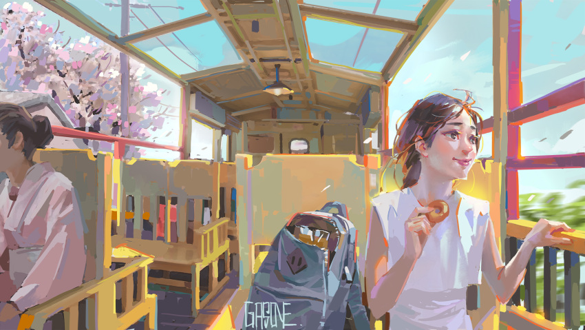 1girl 2girls artist_name backpack bag cherry_blossoms closed_mouth doughnut food ground_vehicle happy highres holding japanese_clothes kimono lips looking_out_window multiple_girls original pink_kimono sash shengyi_sun shirt sitting smile solo solo_focus train train_interior tree white_shirt