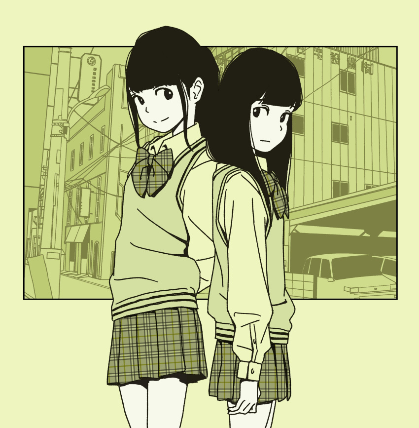 2girls absurdres arms_at_sides arms_behind_back back-to-back black_hair bow collared_shirt expressionless flat_color green highres hosoo long_hair long_sleeves monochrome multiple_girls original plaid plaid_bow plaid_skirt pleated_skirt school_uniform shirt sidelocks skirt smile standing sweater_vest white_skin wing_collar