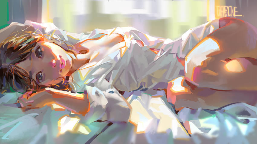 1girl bed_sheet bent_knees breasts brown_hair cleavage day highres looking_at_viewer medium_breasts on_bed original shengyi_sun shirt short_hair smile solo sunlight white_shirt